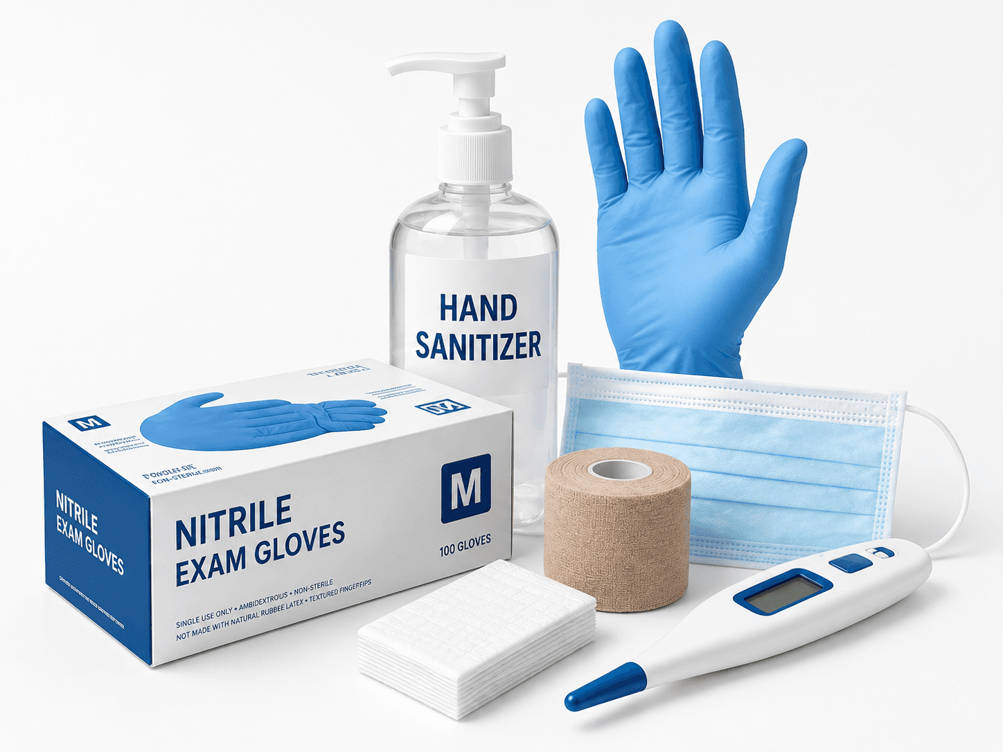Medical supplies including exam gloves, sanitizer, a face mask, gauze, and a thermometer